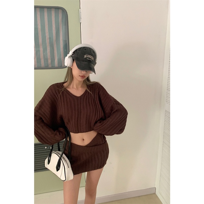 DUNEA Set Áo Len Dài Tay Cổ Tròn + Chân Váy Xòe Thời Trang Nữ