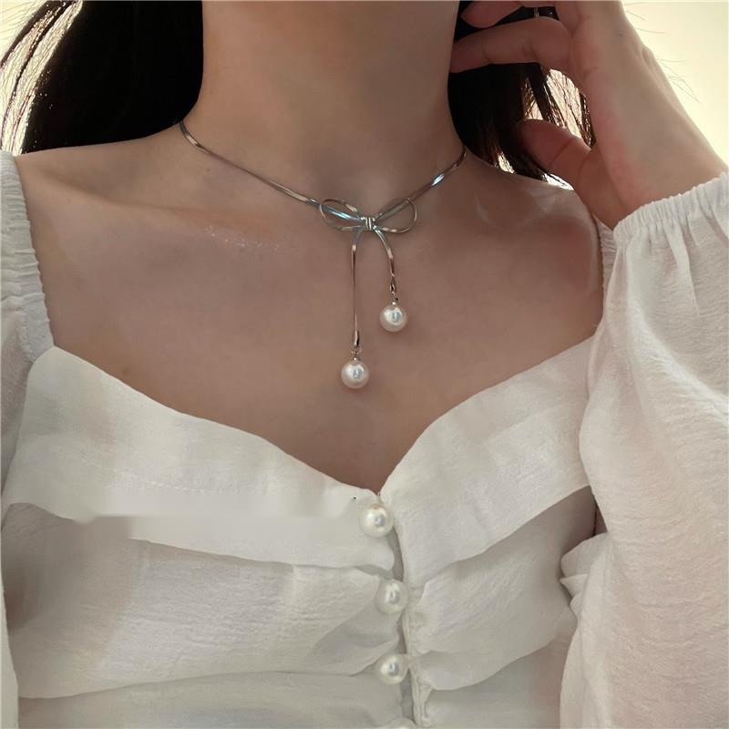 Dây Chuyền Bạc 19A1610 Hình Nơ Đính Ngọc Trai Thời Trang