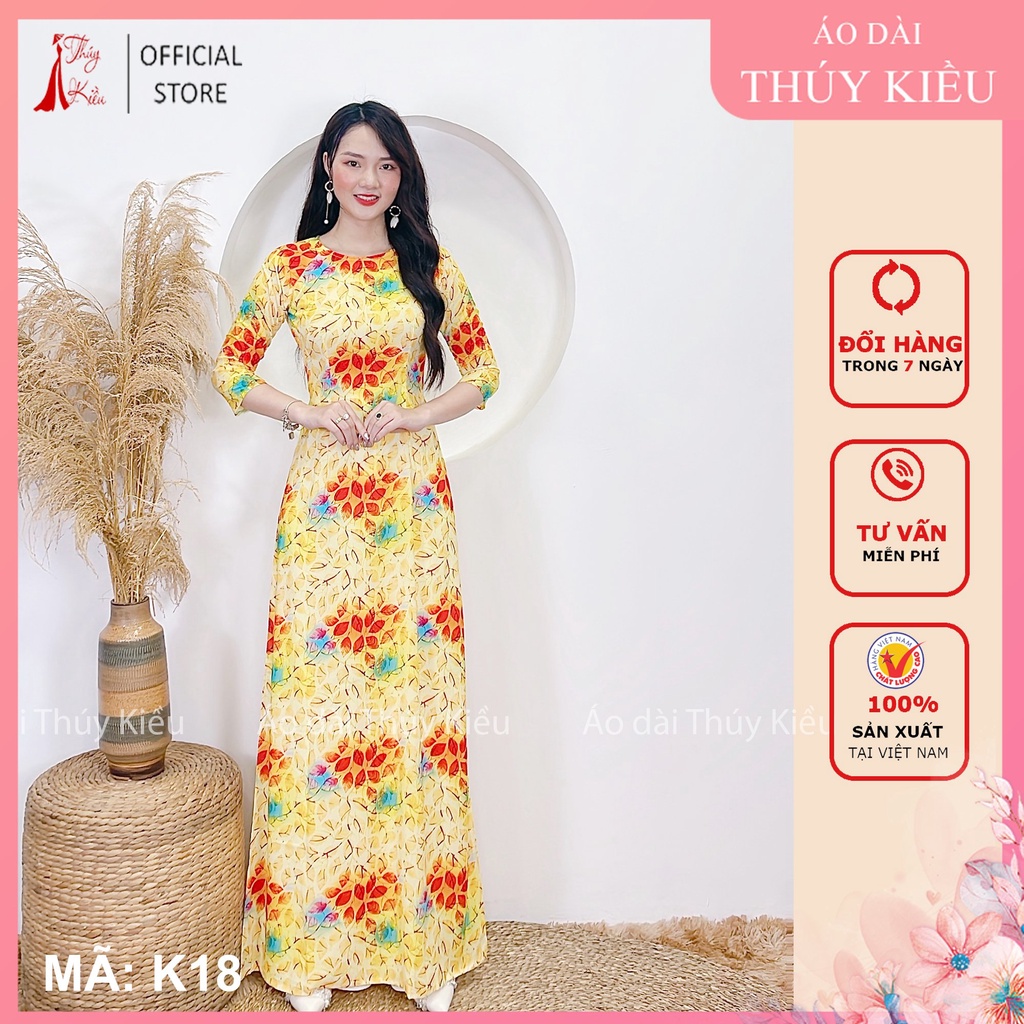 Áo dài truyền thống thiết kế may sẵn tết cách tân nữ nền vàng lá đỏ K18 Thúy Kiều mềm mại co giãn áo dài giá rẻ