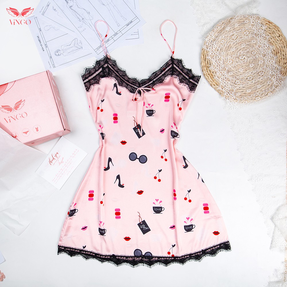 Váy ngủ lụa họa tiết phối ren ngực dịu dàng gợi cảm N267 Vingo VNGO