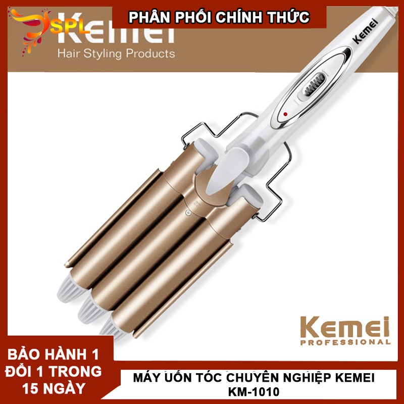 Máy Uốn Tóc Gợn Sóng Làm xoăn tóc 3 trục KEMEI km1010 Cao Cấp Có Mức Chỉnh Nhiệt phân phối chính thức -SPL(màu vàng)