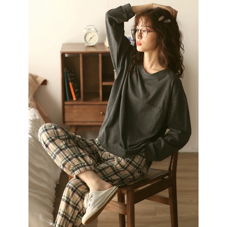 ĐỒ NGỦ COTTON MỎNG DÀI TAY ÁO TRƠN QUẦN HỌA TIẾT MEYLEESTORE | BigBuy360 - bigbuy360.vn