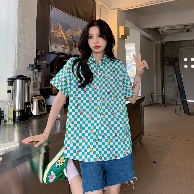 SUXI Áo Sơ Mi Tay Ngắn Dáng Rộng In Họa Tiết Hoạt Hình Dễ Phối Đồ Thời Trang Mùa Hè Cho Nữ