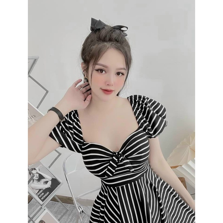 Váy sọc họa tiết đầm tiểu thư vintage dành cho nữ thiết kế trẻ trung, thời trang độc đáo Lokishop | BigBuy360 - bigbuy360.vn