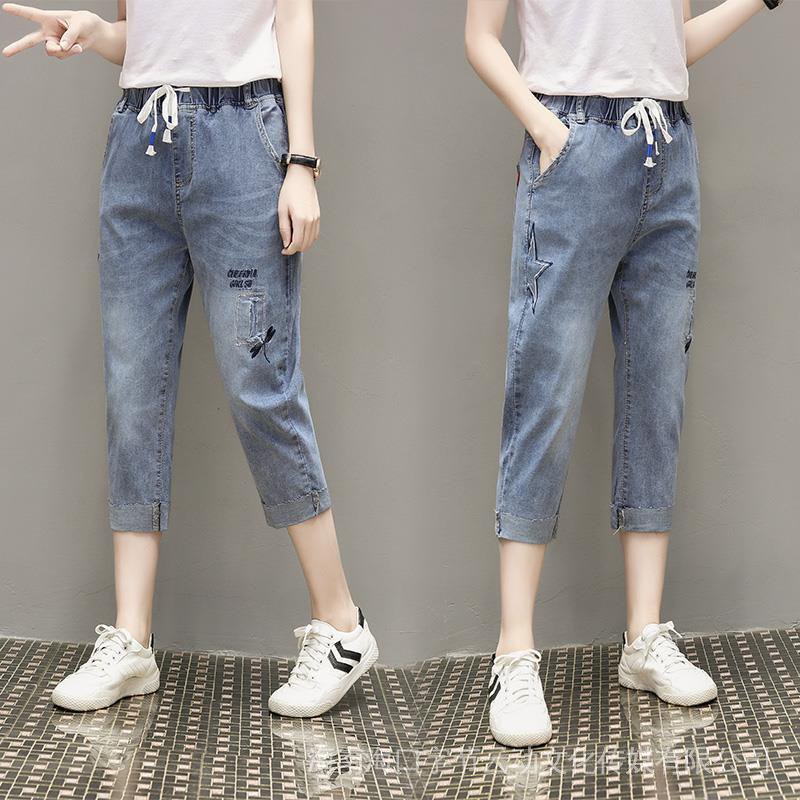 Quần Jeans Lửng Lưng Thun Thêu Họa Tiết Plus Size Phong Cách Hàn Quốc Cho Nữ 200