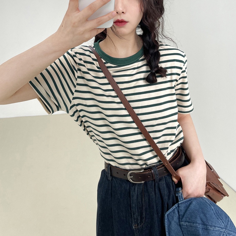 SUXI Áo thun tay ngắn cổ tròn họa tiết kẻ sọc phong cách Hàn Quốc mới thời trang mùa hè dành cho nữ