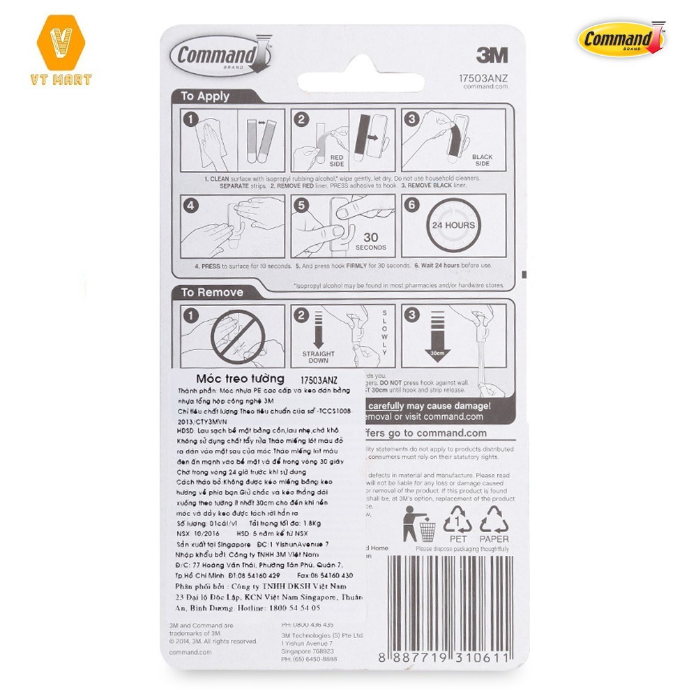 [SIÊU DÍNH-BỀN-TIỆN LỢI] Móc Dán Tường Vuông 1.8Kg Vỉ 1 Cái 17503 Command 3M - HIBUVTAUTO