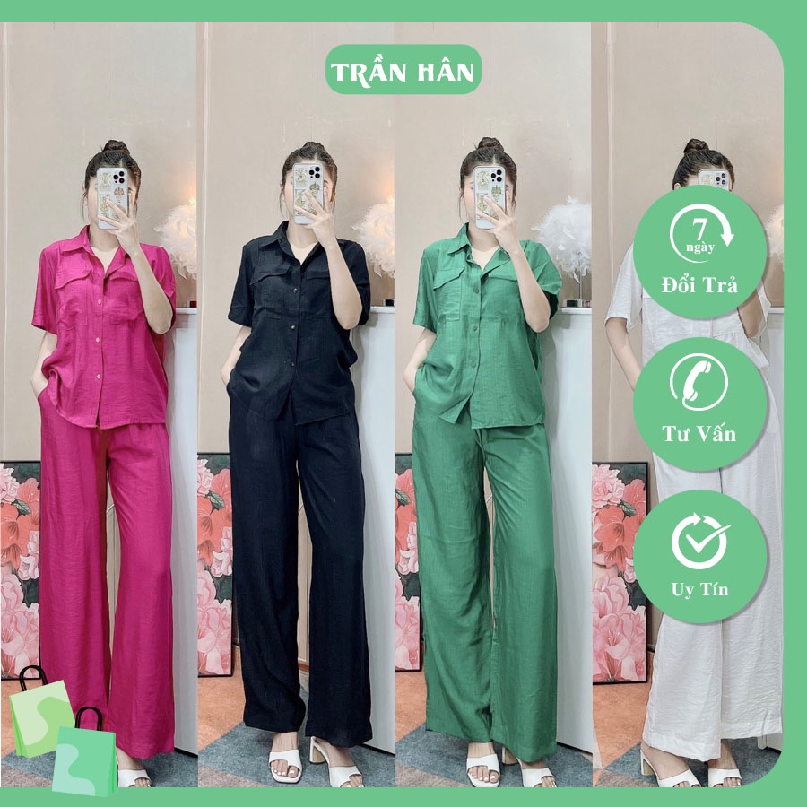 Set bộ nữ túi hộp áo cổ sơ mi kèm quần dài chất đũi thời trangI Trần Hân Shop 4012373