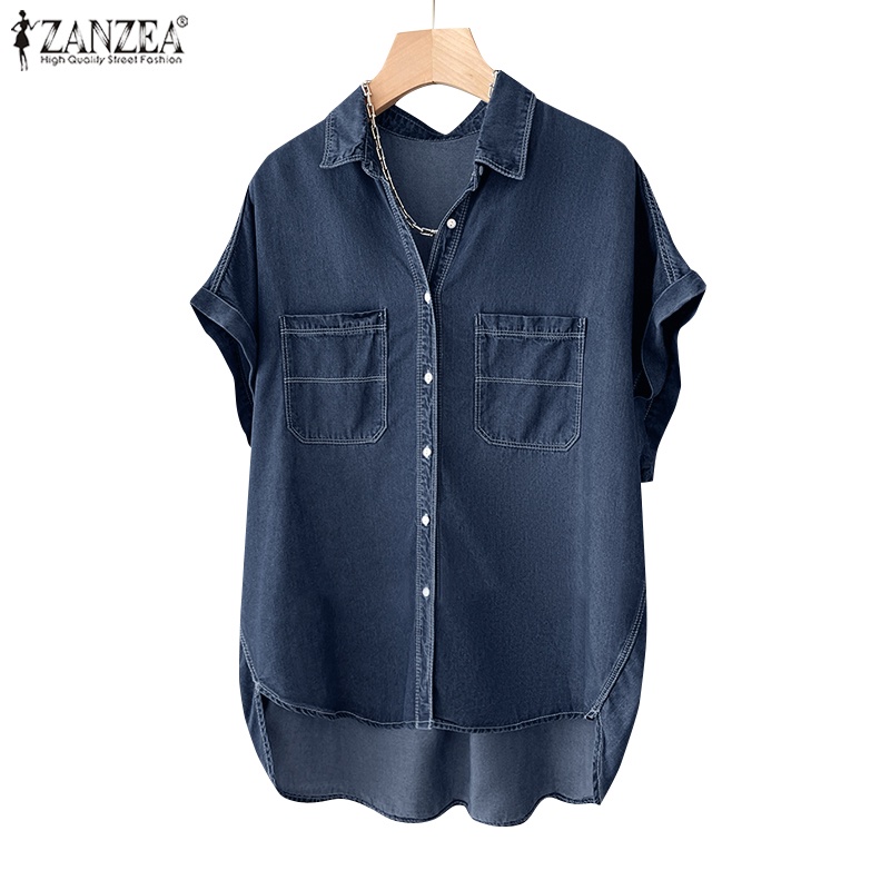 Áo sơ mi ZANZEA vải denim ngắn tay dáng rộng phối túi thời trang dành cho nữ