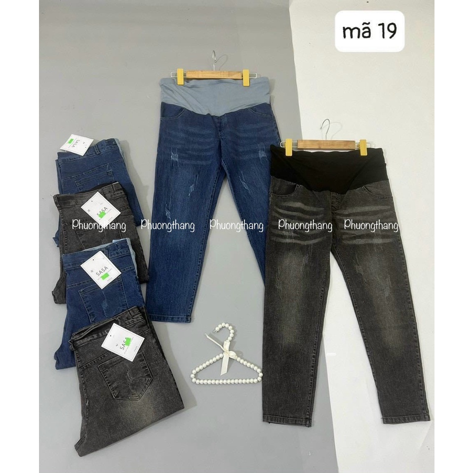 Quần Bầu Baggy Bò, Quần Jeans Dài Bầu Mềm Đẹp Co Giãn 4 Chiều Có Đáp Bụng Và Chun Chỉnh Bụng Hàng Loại 1