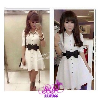 Đầm sơ mi màu trắng dáng xòe nhẹ phối nơ bụng