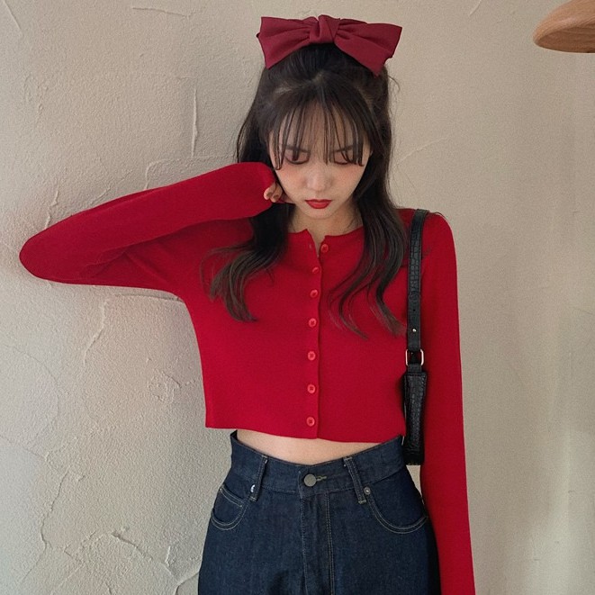 Áo Crop Top dệt kim tay dài phong cách Hàn Quốc ôm dáng