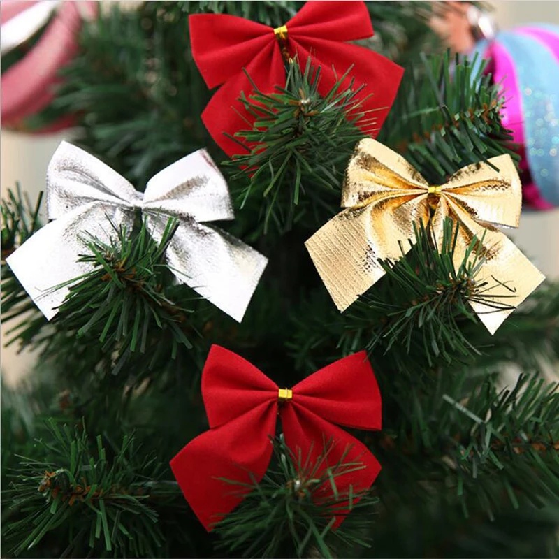 Set 12 Nơ Màu Vàng / Bạc Trang Trí Cây Thông Noel / Giáng Sinh