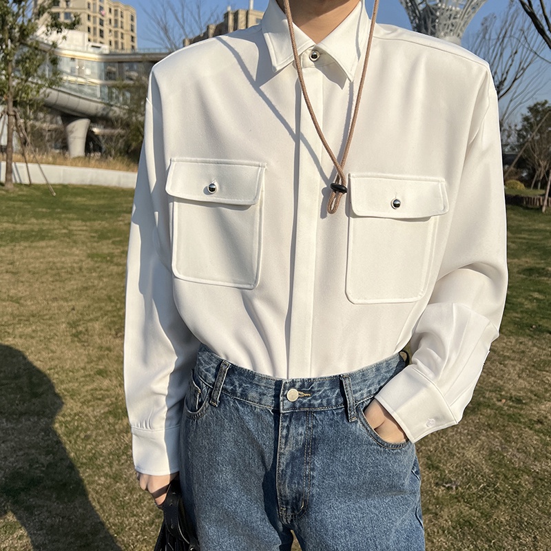Áo Sơ Mi Tay Dài Dáng Rộng Màu Trắng Phong Cách Hàn Quốc Thời Trang Cho Nam