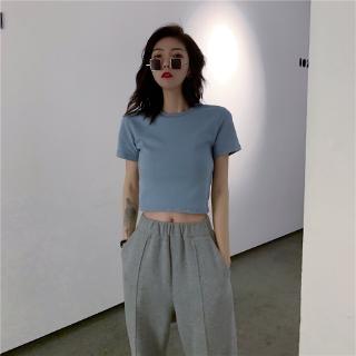 Áo Thun Ngắn Tay Cổ Tròn Màu Xanh Dương Cho Nữ