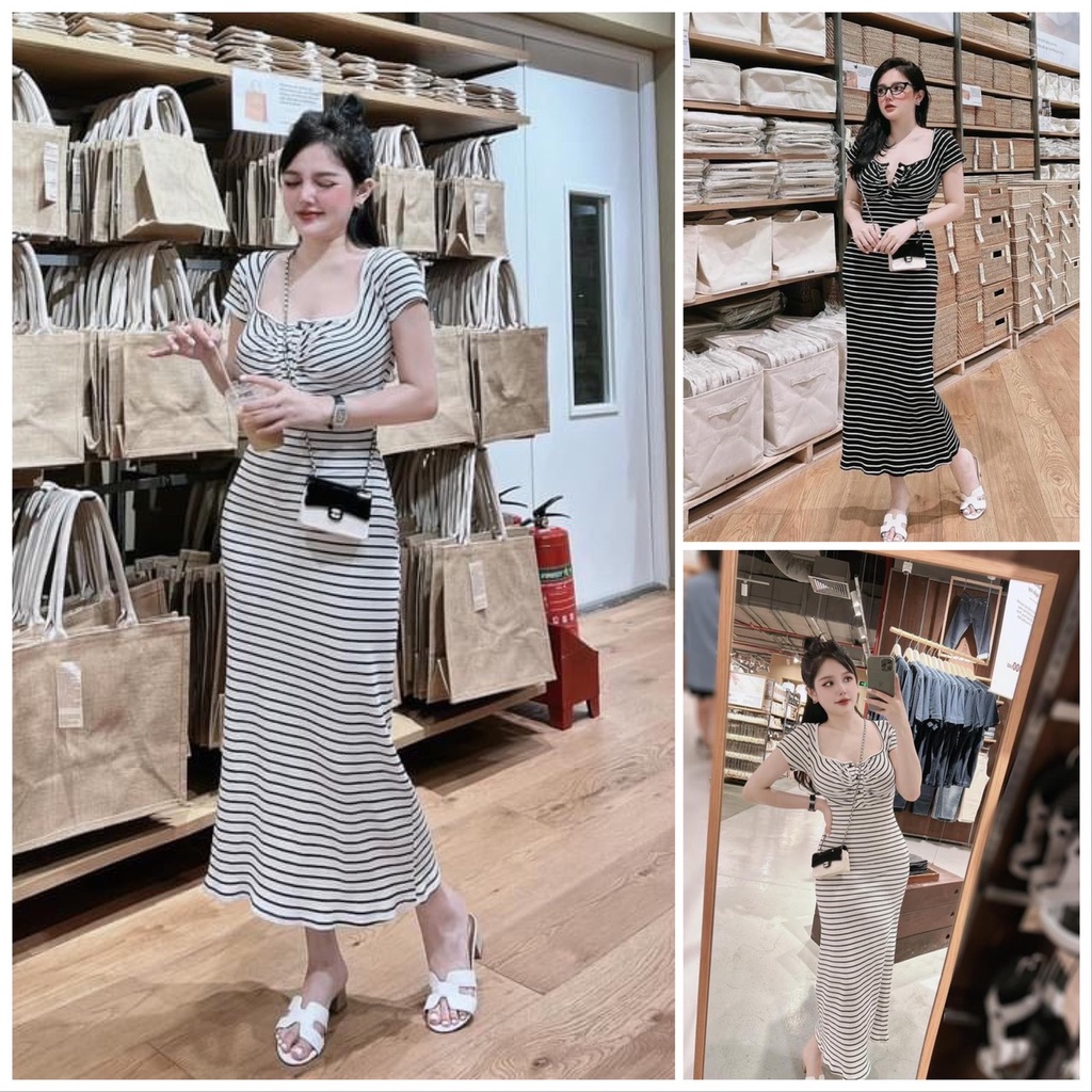 Đầm Body Cổ Vuông Dáng Xòe Sọc Ngang Nút