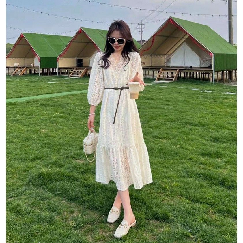 Đầm Chữ A Tay Phồng Cổ Chữ V Phối Ren Thời Trang Hàn Quốc