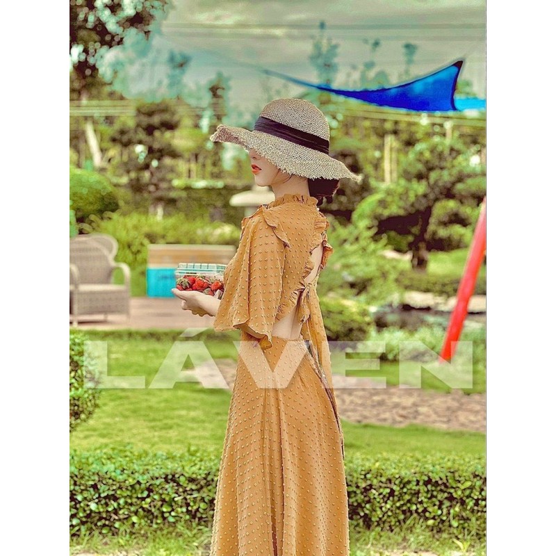 ĐẦM BI REN NỔI CỘT NƠ LƯNG XANH - VÀNG | BigBuy360 - bigbuy360.vn