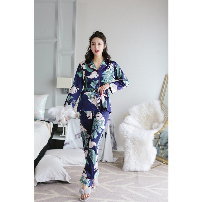 Bộ Đồ Ngủ Vải Voan Satin Tay Dài Cổ Bẻ Có Dây Thắt Lưng Phong Cách Hàn Quốc Mới Dành Cho Bạn Nữ 3xl 2021