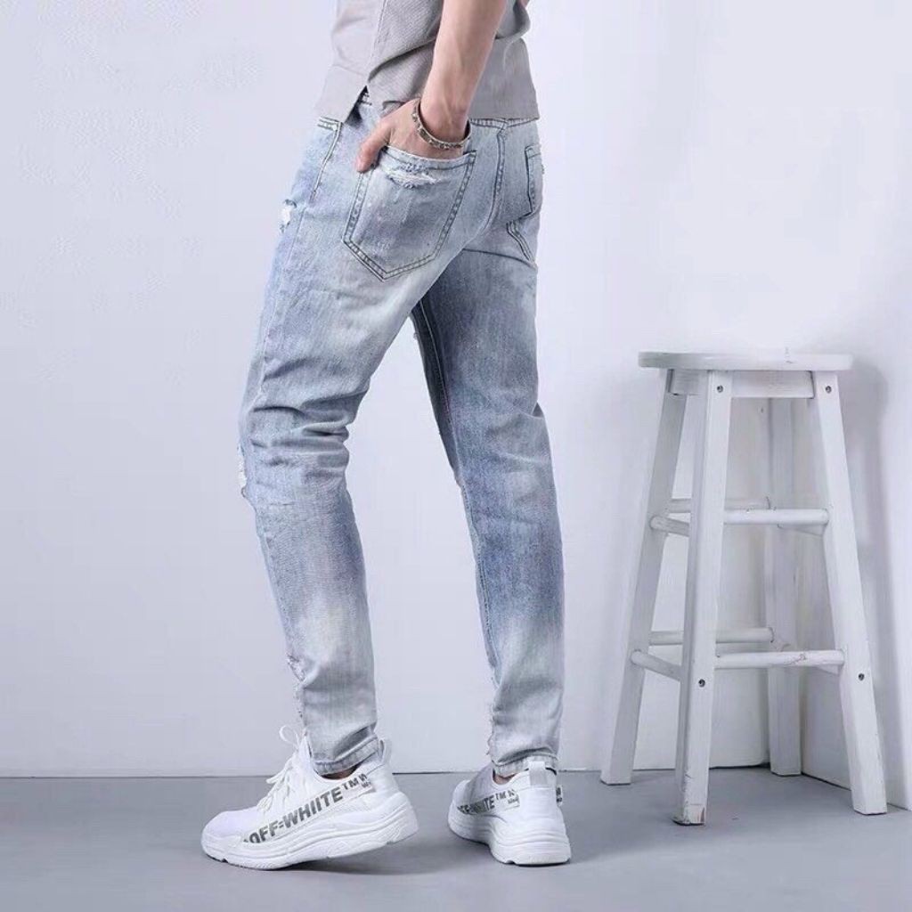 Quần jean Nam-Quần Bò Nam Wash Xanh Bạc Rách Gối Tinh Tế Sắc Sảo Y Hình | BigBuy360 - bigbuy360.vn