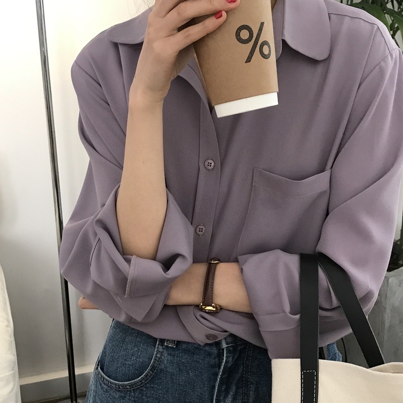 Áo sơ mi dáng trơn tay dài dáng rộng phong cách retro cho nữ