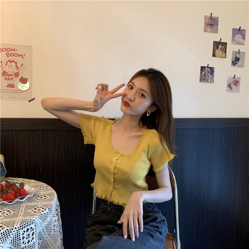 Áo dệt kim SUXI tay ngắn phối ren thời trang phong cách Hàn Quốc