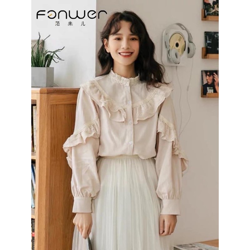 Áo sơ mi babydoll cách điệu phối ren tiểu thư Ulzzang Hàn quốc