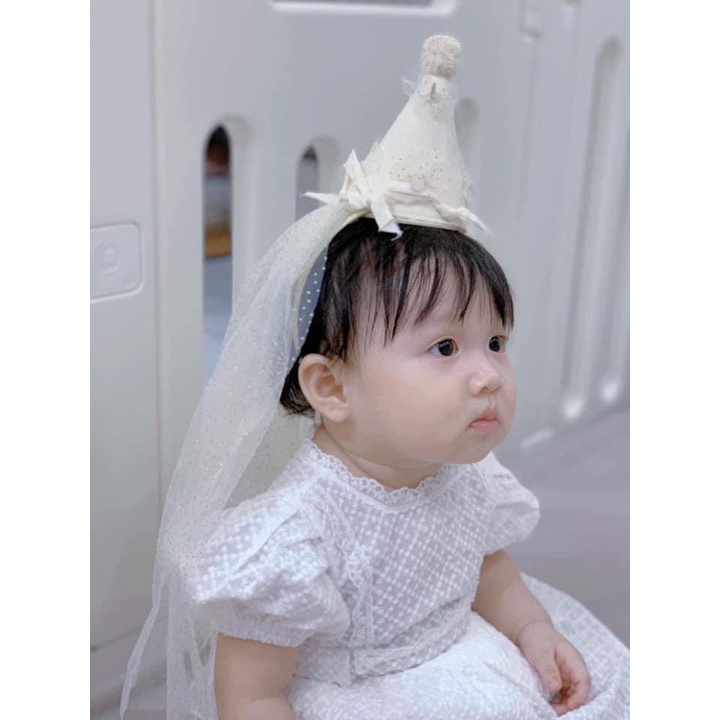 Phụ kiện bờm sinh nhật ren trắng công chúa cho bé