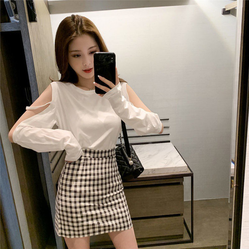 Sneaky Design College Style off-the-ShoulderTT-shirt Top High Waist Plaid Skirt Hip-Wrapped Temperament Fashion Two-Piece Set