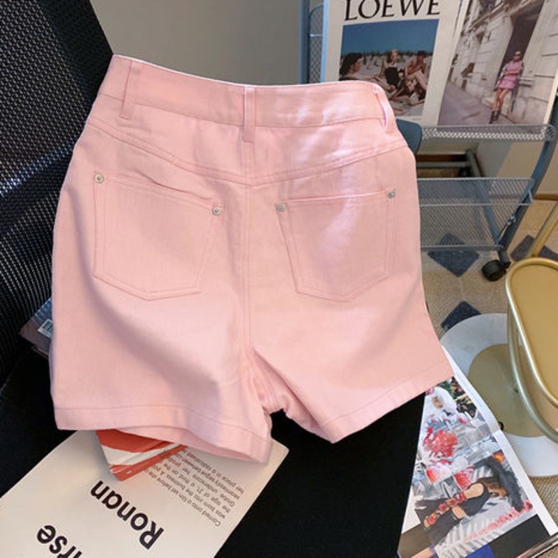 Quần short denim RENJIANVSHENG 175587 lưng cao ống rộng thiết kế độc đáo