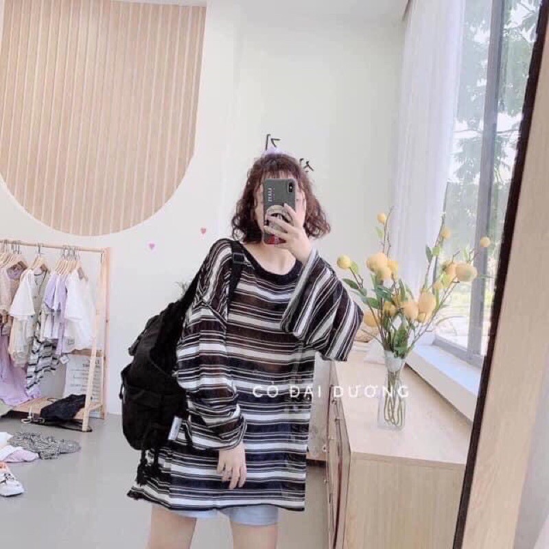 Áo thun sọc trắng đen Oversize Ulzzang tay dài (ảnh thật)