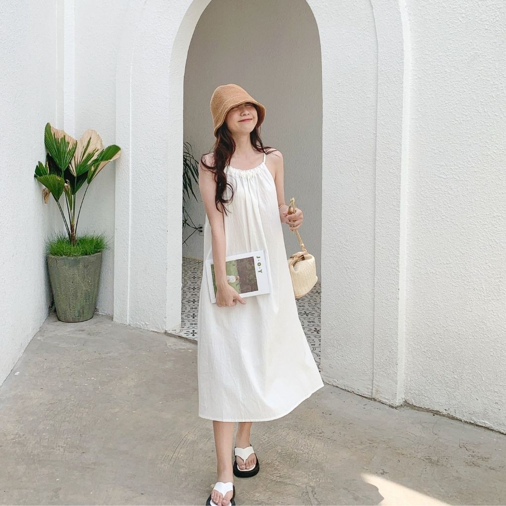 Đầm Linen Trắng Hai Dây My Summer Drawstring Sling Dress | Lana Official