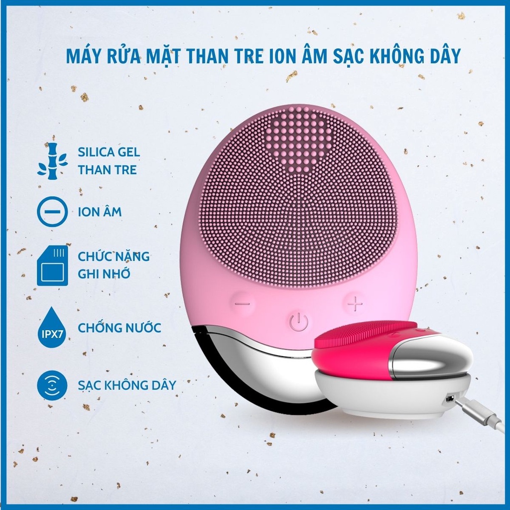 Máy rửa mặt than tre silicon rung sóng siêu âm bề mặt, sạc không dây công nghệ từ Pháp