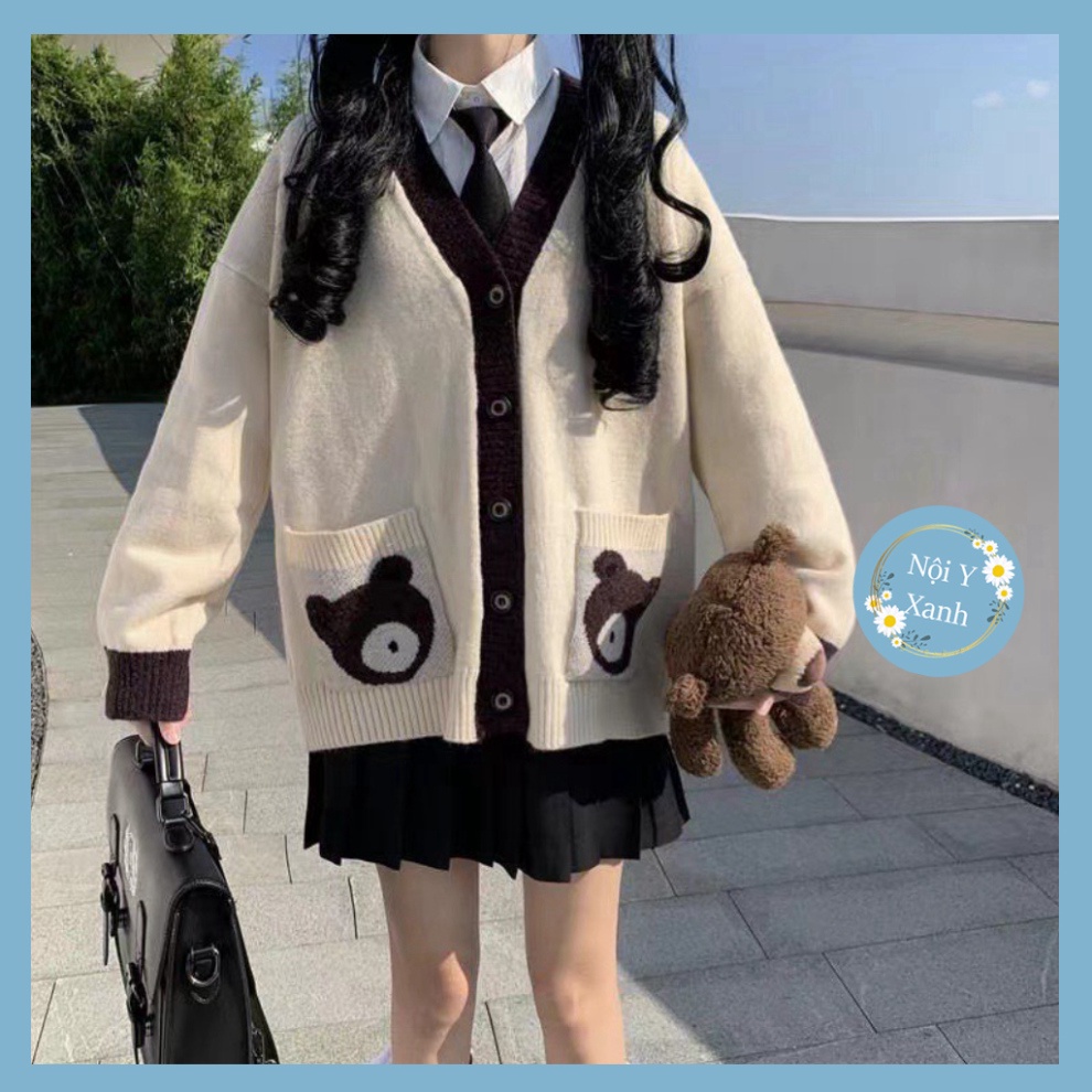 áo khoác cardigan len nữ noiyxanh phối viền túi hình con gấu hàng thời thượng QCCC phong thái korea A52 hot trend, phom