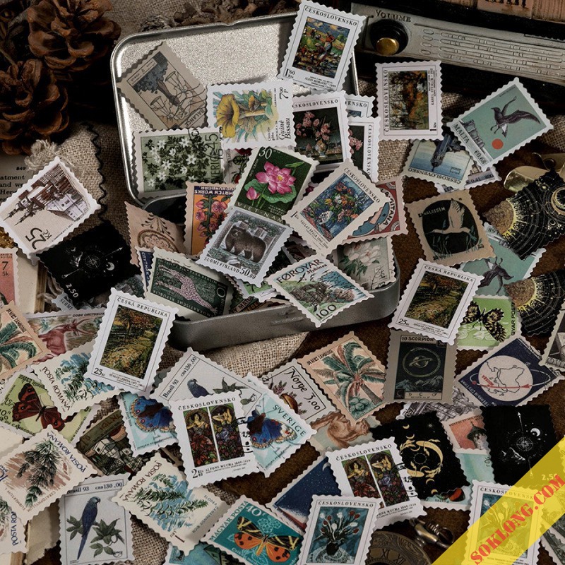 Bộ 46 tem dán Sticker phong cách Retro - Sticker hình tem trang trí sổ Tuệ Minh