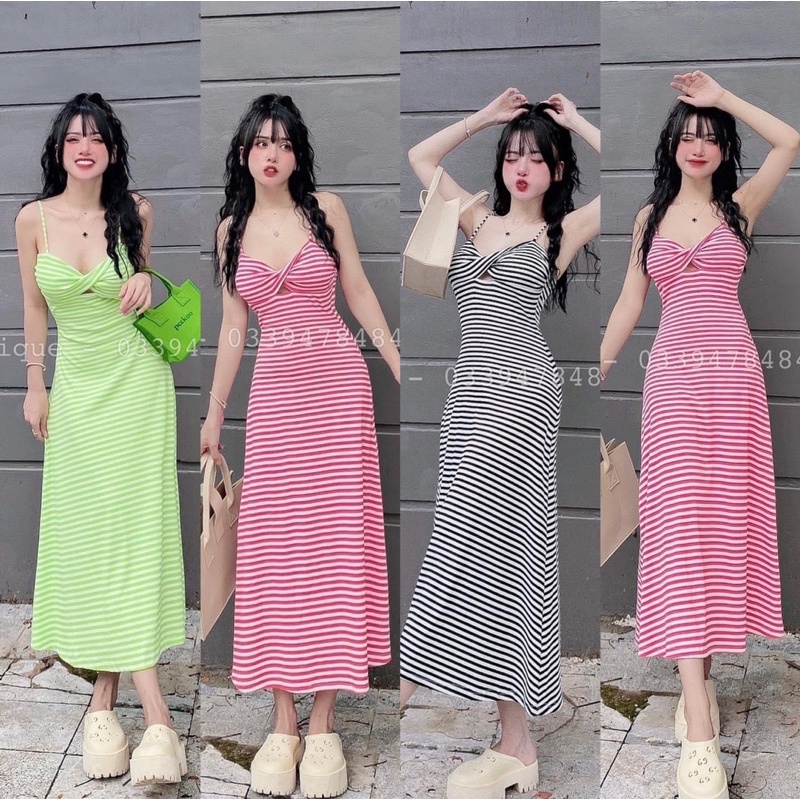 Đầm hai dây nữ xoắn ngực (có mút) form xòe dáng midi sọc ngang thun gân