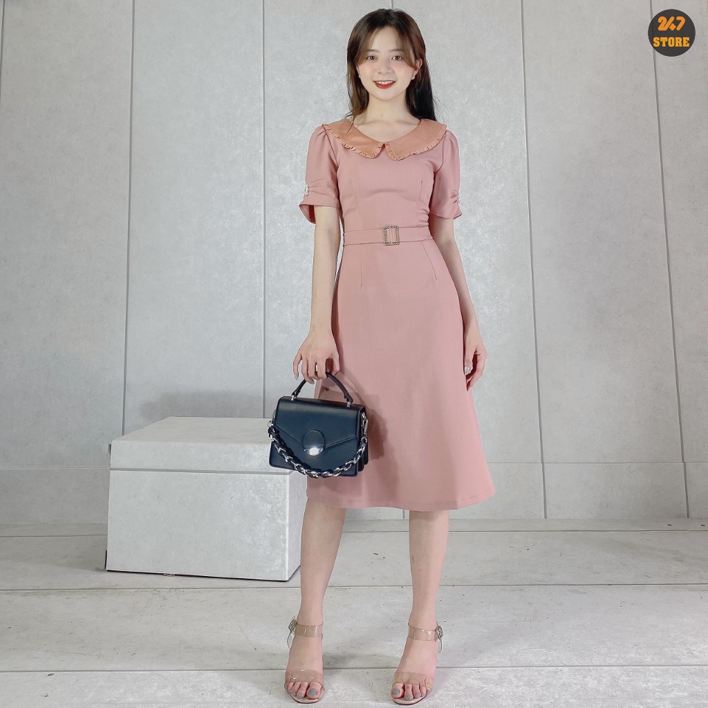 Váy xòe dáng dài cộc tay phối cổ bèo