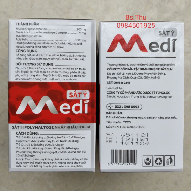 Sắt Ý Medi hộp 15 gói 10ml bổ sung sắt vị rất dễ uống, không tanh, không gây táo dùng được cho BN tiểu đường