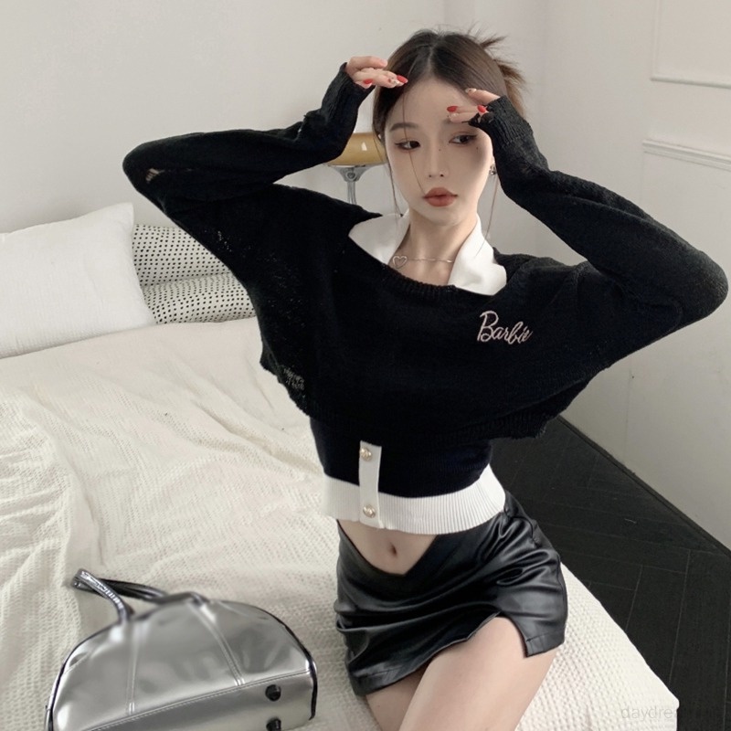 Áo Croptop Dệt Kim Cổ Tròn Dáng Ôm Màu Tương Phản Thời Trang Cho Nữ