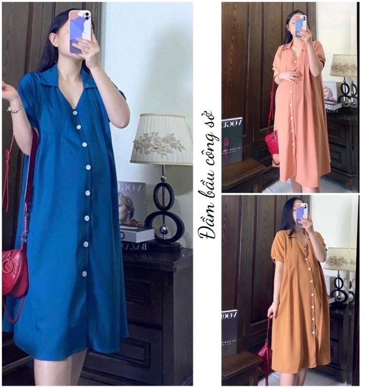 Váy Bầu kiểu sơ mi,ảnh thật cận chất -3 màu siêu xinh-chất đũi thấm hút mồ hôi-mặc đi làm ,đi chơi- freesize 43-68kg