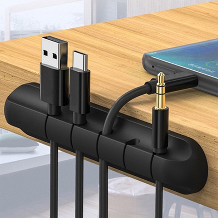 Miếng silicon kẹp giữ dây cáp sạc điện thoại, dây cáp USB, dây điện dán tường hoặc dán bàn làm việc thông minh màu đen