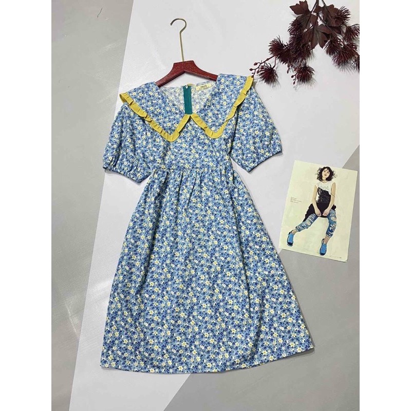 Đầm Liền Tay Ngắn Cổ chữ V Phối Họa Tiết Hoa Nhí Cao Cấp - Chất Liệu Cotton 100% - Váy Lửng Xuất Khẩu | BigBuy360 - bigbuy360.vn