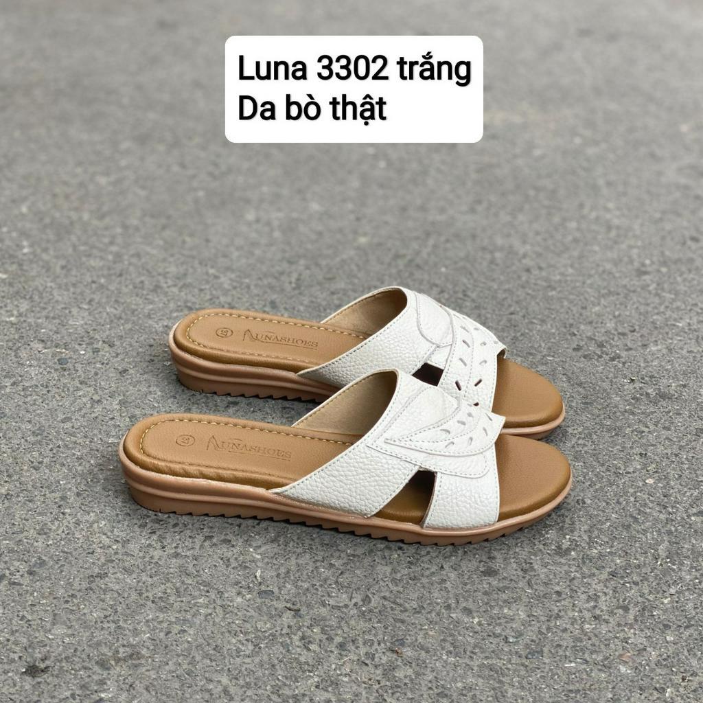 Dép quai chéo nữ đế bằng cao 2p LUNASHOES 3302 da bò mềm mũi hở chống nước đi lại hàng ngày