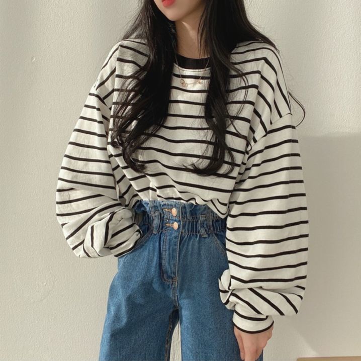 Áo thun tay dài dáng rộng họa tiết kẻ sọc plus size