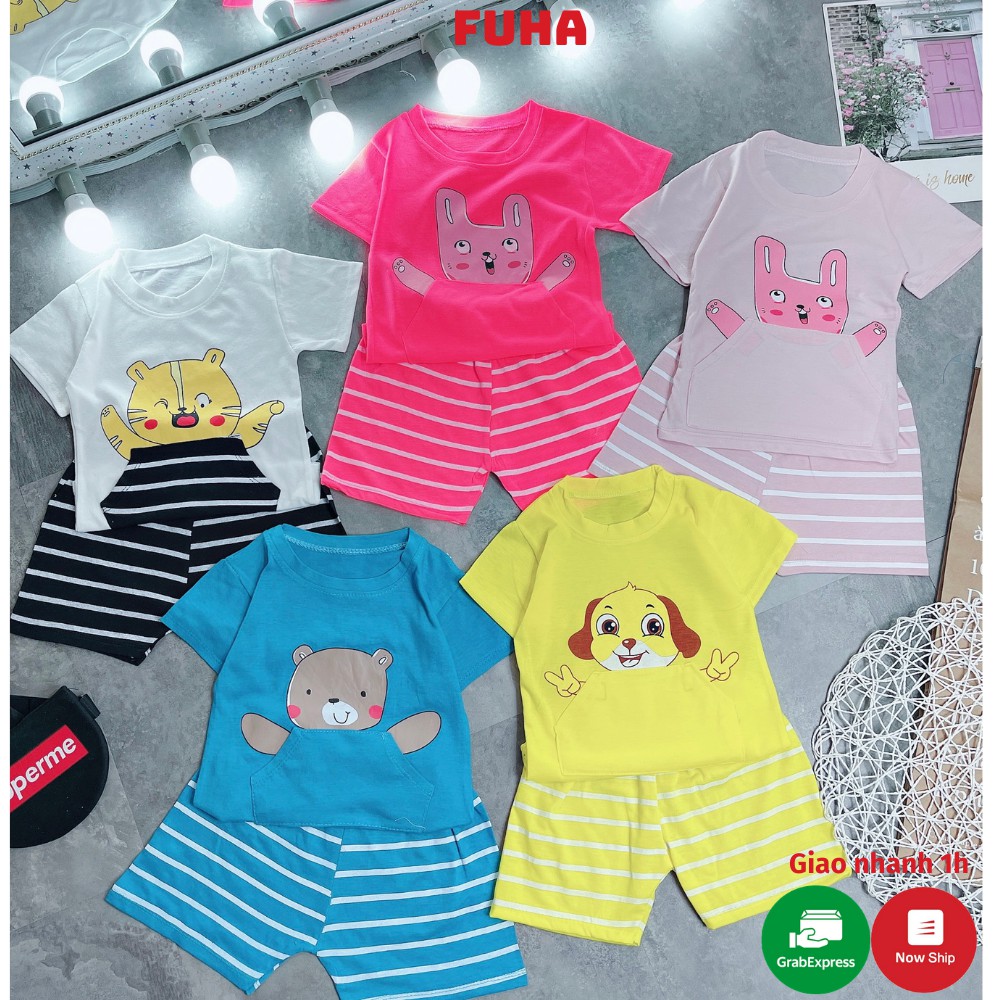 Set bộ cotton hình thú quần đùi kẻ ngang cho bé trai và bé gái