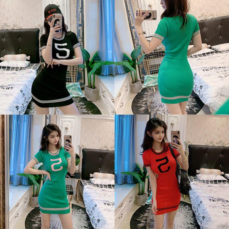 Đầm dệt kim cổ tròn tay ngắn phong cách Hàn Quốc đơn giản sành điệu