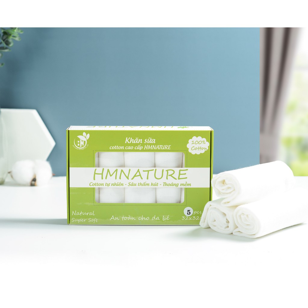 [CHÍNH HÃNG ]Khăn xô, Khăn sữa dệt ô Cotton HMNATURE - Hộp 5 chiếc