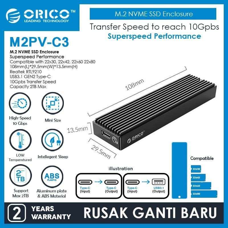 Box ổ cứng SSD M2 ORICO - M2PV-C3  NVMe - USB 3.1 - 10Gbps - Vỏ nhôm - Chính Hãng bảo hành 12 tháng!!