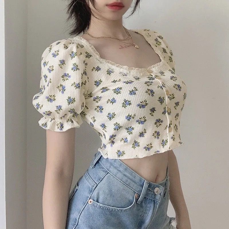 Áo Len Tăm Gân Tay Ngắn Phồng Hở Rốn In Họa Tiết Hoa Nhí Xinh Xắn Thời Trang Kiểu Pháp Cho Nữ | BigBuy360 - bigbuy360.vn