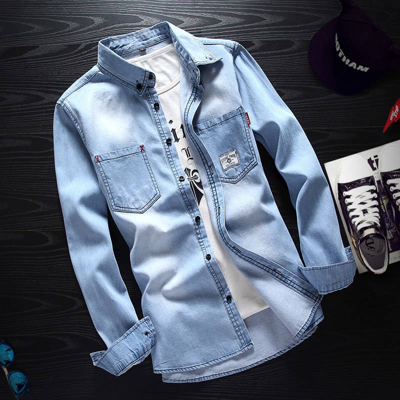Mùa xuân và mùa thu Áo sơ mi denim đen nam dài tay Hàn Quốc Slim Hợp thời trang đẹp trai Áo sơ mi retro Nhật Bản | BigBuy360 - bigbuy360.vn